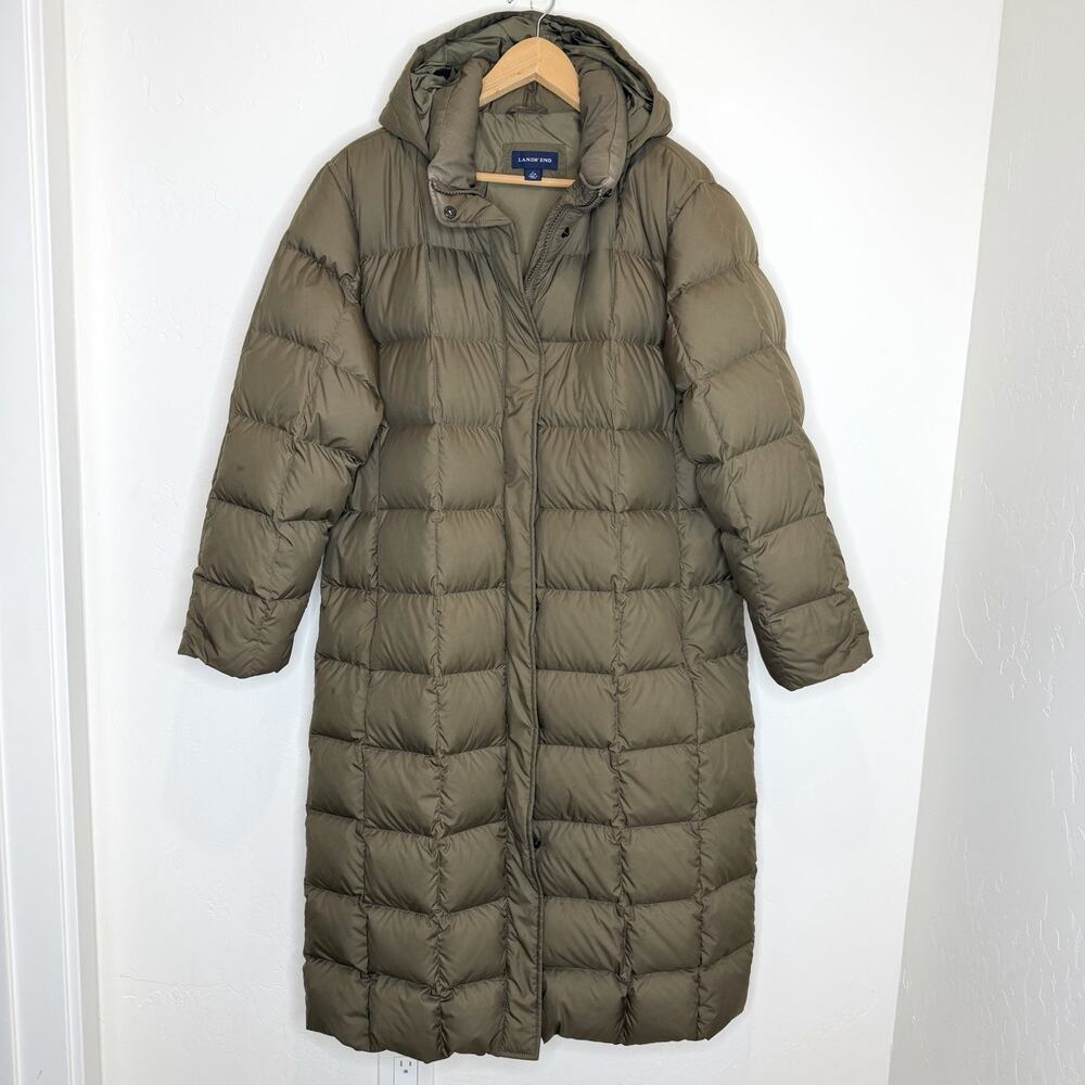 Lands’ End Quilted Goose Down Long Puffer Cost Womens Large Olive Green Hood
